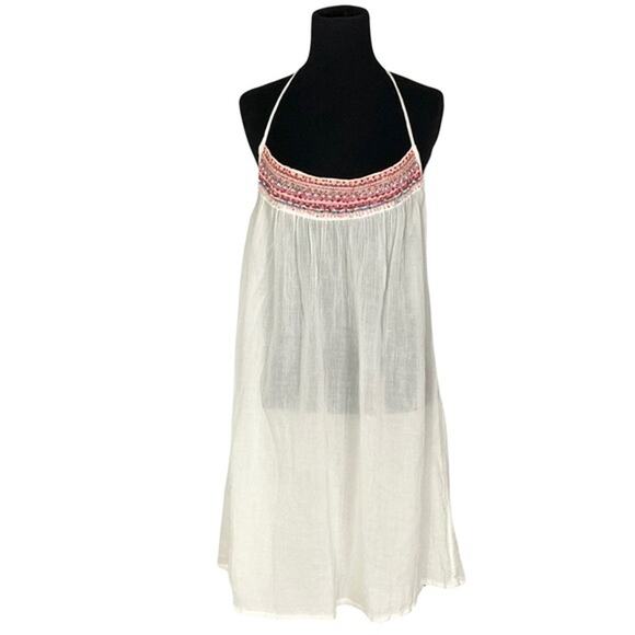 NWOT STAR MELA DRESS S Ivory Gauze Colorful Embroidery Beaded Ruched - Picture 1 of 8